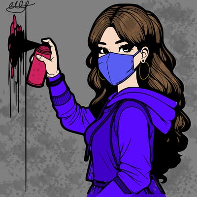 realistic girl with mask spray painting a wall