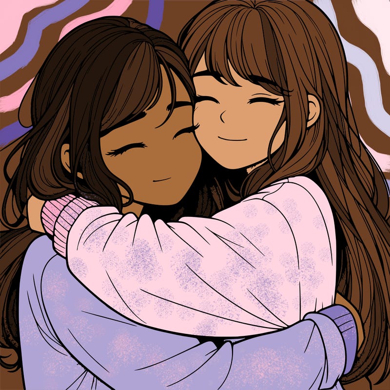 realistic two girls hugging