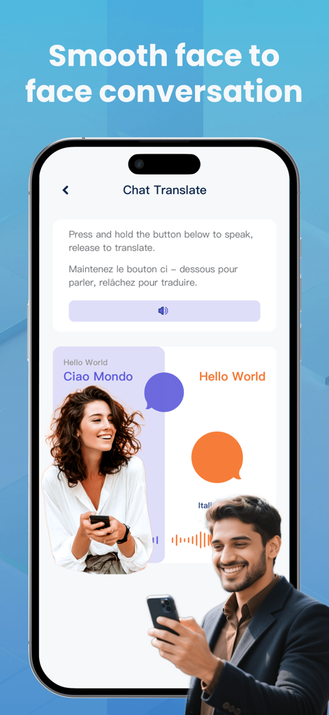 Translate Ease - Aplicación Translate Ease que muestra la interfaz de chat de traducción de voz cara a cara