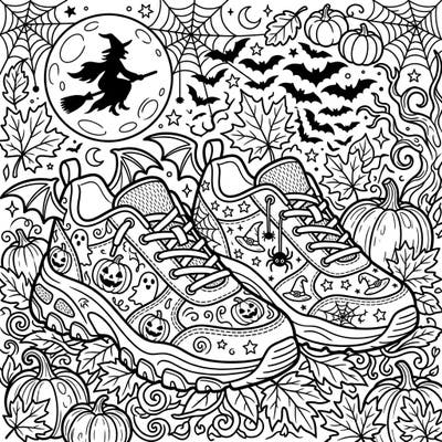 Get ready to step into spooky season with this unique Halloween sneakers coloring page! Adorned with playful ghosts, grinning pumpkins, and whimsical witch hats, it's the perfect blend of fashion and festive fun.