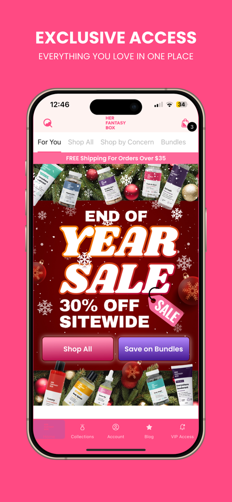 Her Fantasy Box - Her Fantasy Box mobile shopping app interface showing an end of year sale banner with thirty percent off sitewide