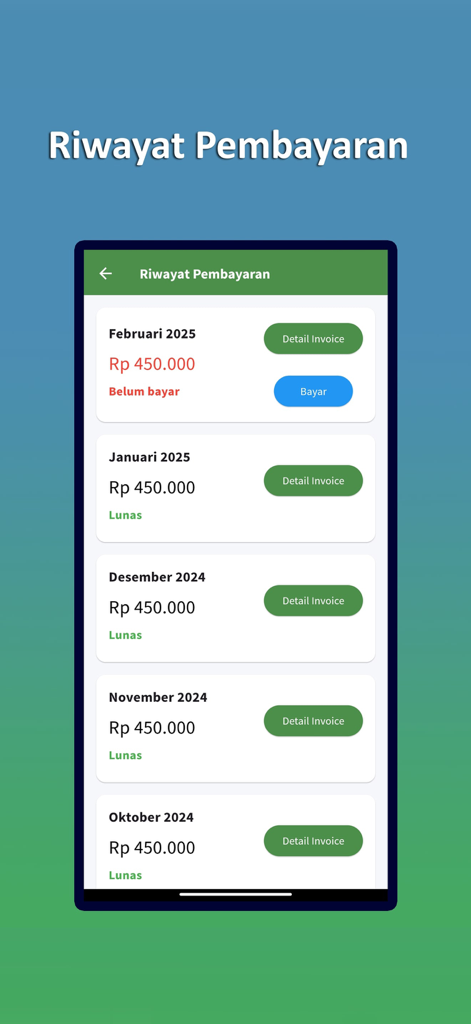 TPay Telnet - Screenshot of TPay Telnet app showing a list of monthly payment records with status like paid and unpaid