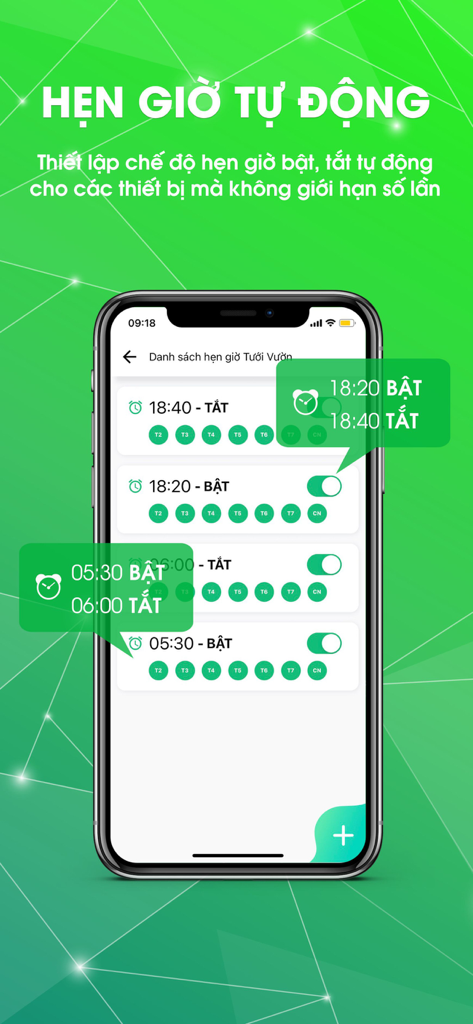 Écran de l'application Hunonic pour la maison intelligente pour la programmation des minuteries automatiques des appareils