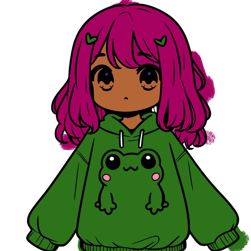 girl wearing frogging sweatshirt