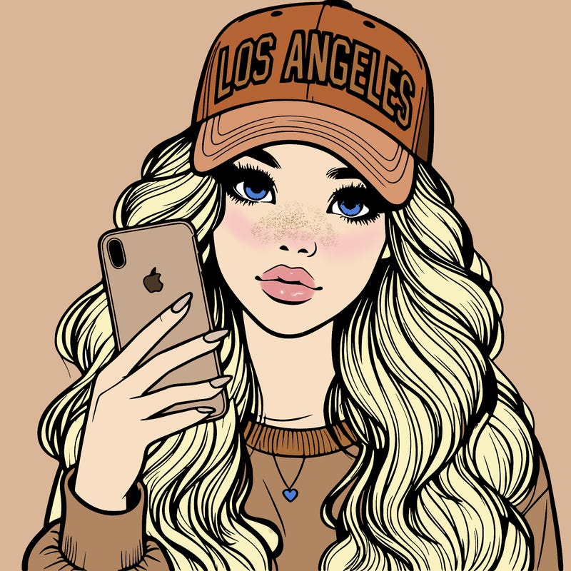 realistic beautiful girl wearing los ángeles cap holding an iphone