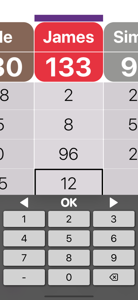 Games Block - Une vue rapprochée de l'interface du tableau de scores de Block de Jeux montrant un joueur nommé James avec un score total de 133 et un clavier numérique pour entrer les points du nouveau tour.