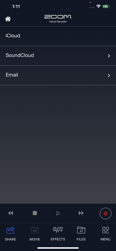 Menu di condivisione dell'app Zoom HandyRecorder con opzioni iCloud e SoundCloud