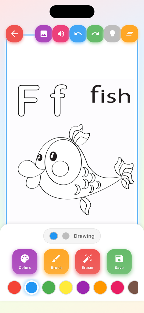 Kids Color Book Draw & Learn - Digital coloring page for the letter F with a fish illustration and drawing tools