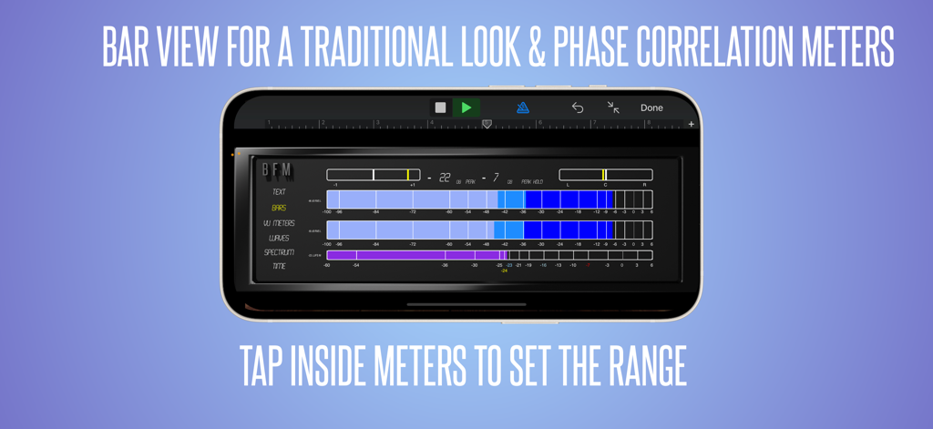 BFM - Metering Suite - BFM Metering Suite affichant des barres traditionnelles et des compteurs de corrélation de phase sur un appareil mobile.