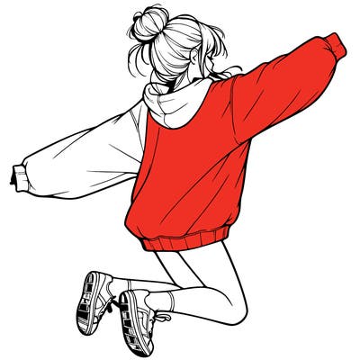 realistic girl jumping with a bun and oversized sweatshirt
