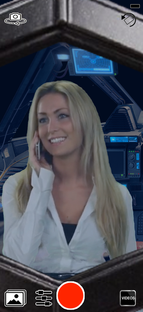 Green Screen Live Video Record - App interface showing a video recording with a sci-fi cockpit virtual background