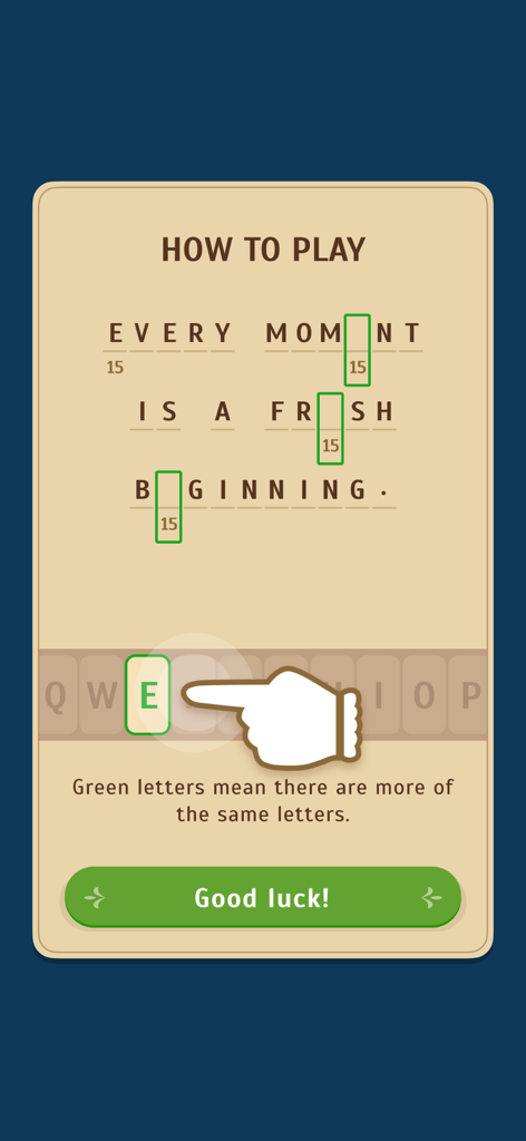 Cryptogram: Word Puzzle Master - Tutorial screen explaining how to solve cryptogram word puzzles by identifying repeating letters.