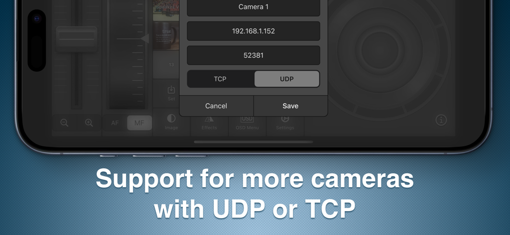 PanTiltZoom app camera network configuration interface showing UDP and TCP protocol options