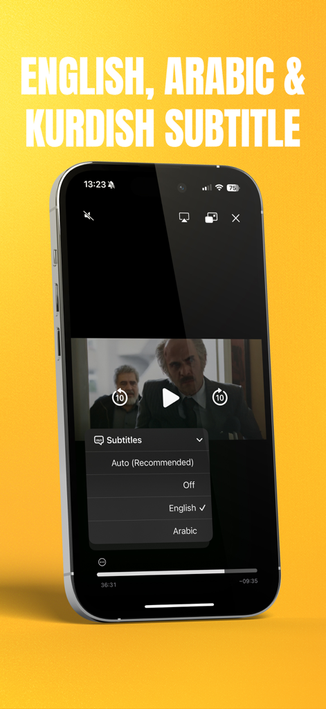 Televika app video player interface on a smartphone showing subtitle selection menu with English and Arabic options.