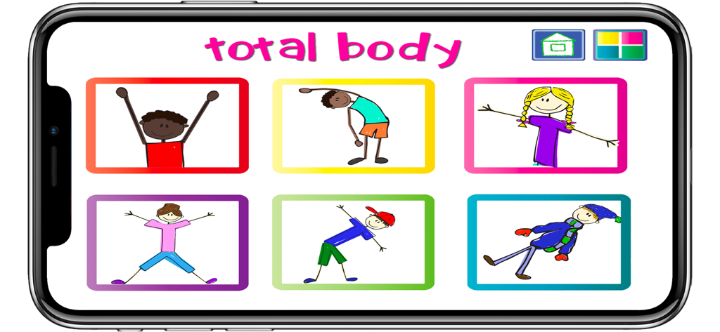 Total body exercise menu in the OT App for Kids featuring hand drawn illustrations of children stretching