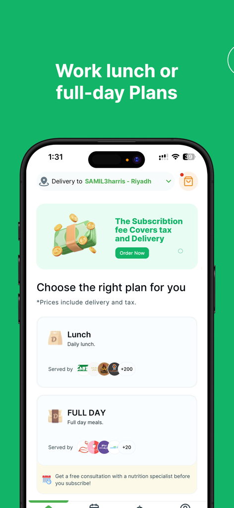 DailyMealz: Food Subscription - DailyMealz app screen showing work lunch and full day meal subscription plans with transparent pricing