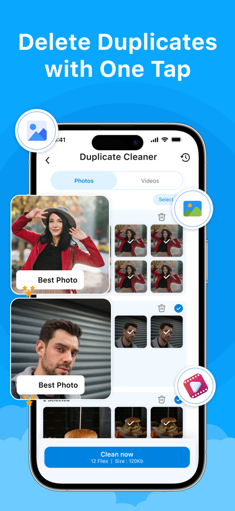 ShareAny: Smart File Sharing - Interfaz de la aplicación ShareAny que muestra la función de limpieza de fotos y videos duplicados