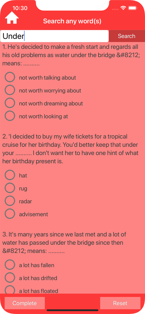 Advanced English Grammar - Advanced English Grammar quiz interface for learning idioms and phrases