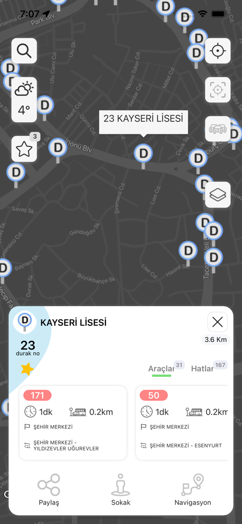 KBB Trafik - Interfaccia della mappa dell'app KBB Trafik che mostra gli orari di arrivo degli autobus in tempo reale e i dettagli del percorso per una fermata a Kayseri