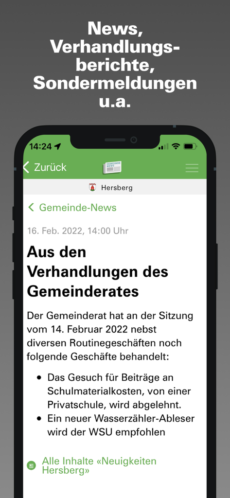 Smartphone screen showing local municipality news and council reports