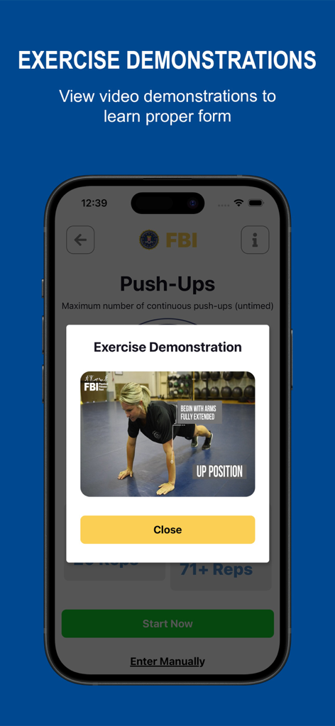 Pantalla móvil que muestra una demostración en video de la forma correcta de hacer flexiones en la aplicación FBI FitTest.