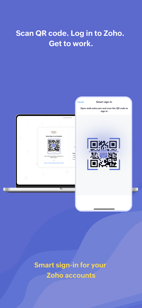 Authenticator App - OneAuth - iPhone scanning a QR code on a laptop screen for smart sign-in to Zoho accounts using OneAuth