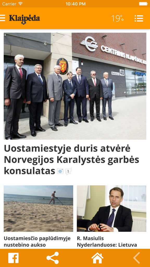 KL.lt - Pantalla de inicio de la aplicación móvil KL.lt que muestra artículos de noticias locales de Klaipeda, Lituania