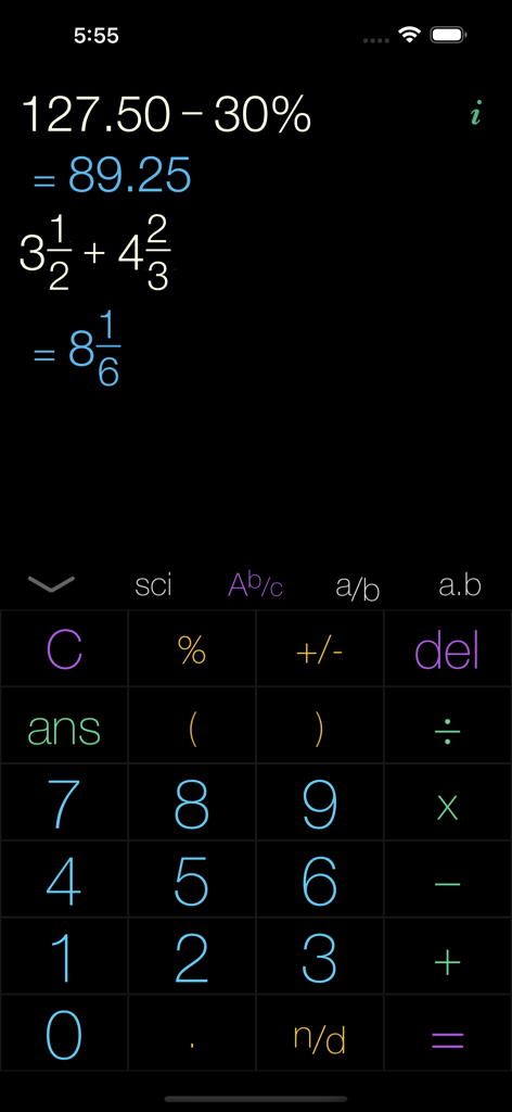 jCalc – Scientific Calculator - jCalc scientific calculator interface showing mixed fraction addition and percentage calculations