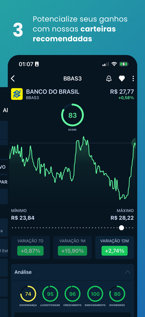 Análise de Ações - Écran d'analyse technique pour l'action Banco do Brasil montrant des graphiques de performance et des scores fondamentaux dans l'application Analise de Acoes.