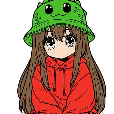 girl with anime shaped eyes with a dinosaur bucket hat oversized sweatshirt long straight hair