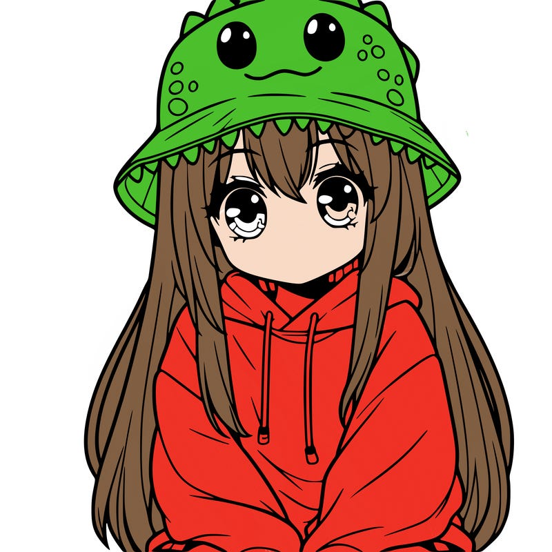 girl with anime shaped eyes with a dinosaur bucket hat oversized sweatshirt long straight hair