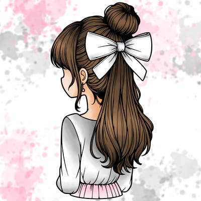 realistic girl  with hip length hair a bun and a big bow on the back of head