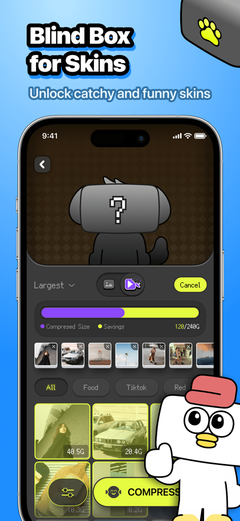 iPhone-Bildschirm, der die Blindbox-Funktion der ZooZip App zum Freischalten von Haustier-Skins während der Speicherbereinigung zeigt