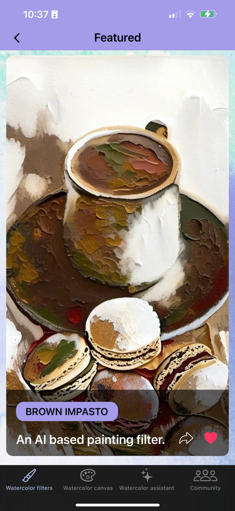 Pintura de acuarela IA destacada de café y macarons usando el filtro Marrón Impasto en la aplicación Aquarelle.