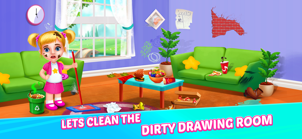 A cartoon girl with a mop standing in a messy living room with trash and stains on the wall