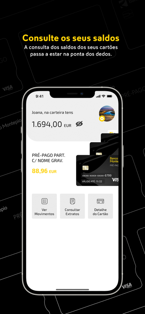 APPré-pago | Banco Montepio - Interface do aplicativo móvel Banco Montepio APPré-pago mostrando o saldo da conta e opções de gerenciamento de cartão
