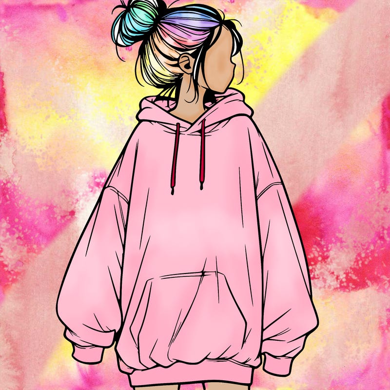 realistic girl with a oversized sweatshirt on and a bun