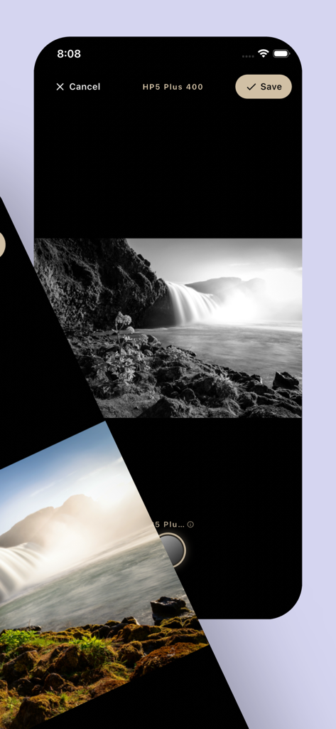 Film Camera - 底片風格相機 - Captura de pantalla de la interfaz de la aplicación Film Camera mostrando un filtro de película en blanco y negro aplicado a una fotografía de una cascada.