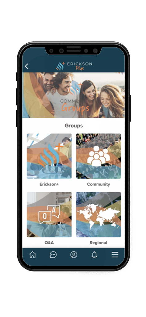 Erickson+ - Erickson Plus app screen displaying different coaching community group categories