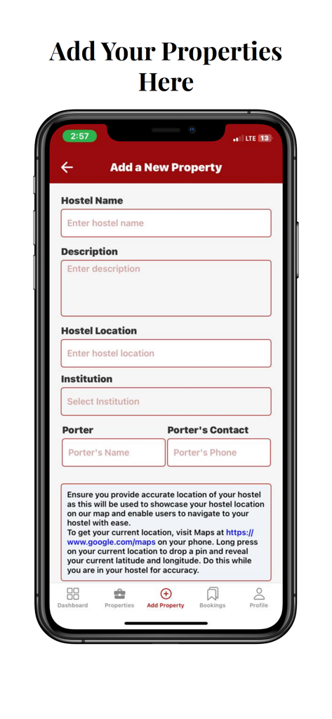 Hostelhubb Admin - Pantalla móvil que muestra el formulario para agregar una nueva propiedad con campos para el nombre y la ubicación del hostal