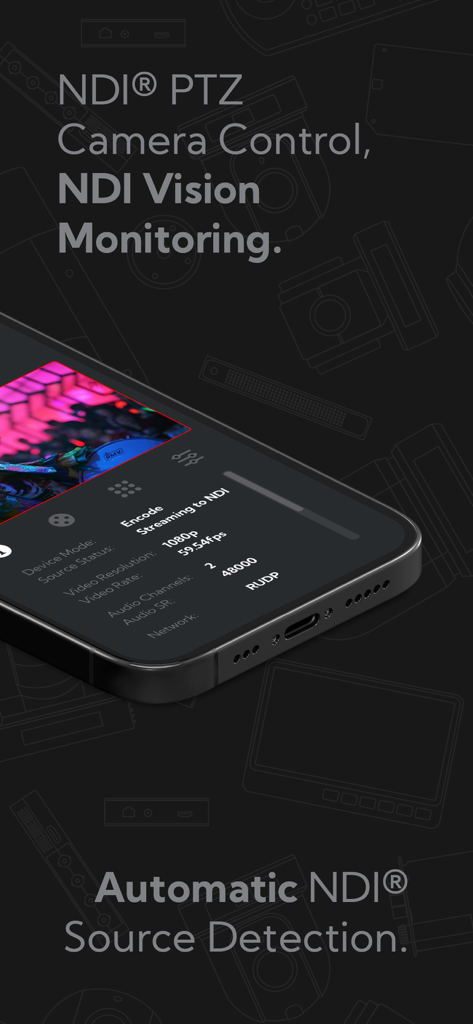 NDI PTZ Control - NDI PTZ Control app on an iPhone showing camera control and vision monitoring features