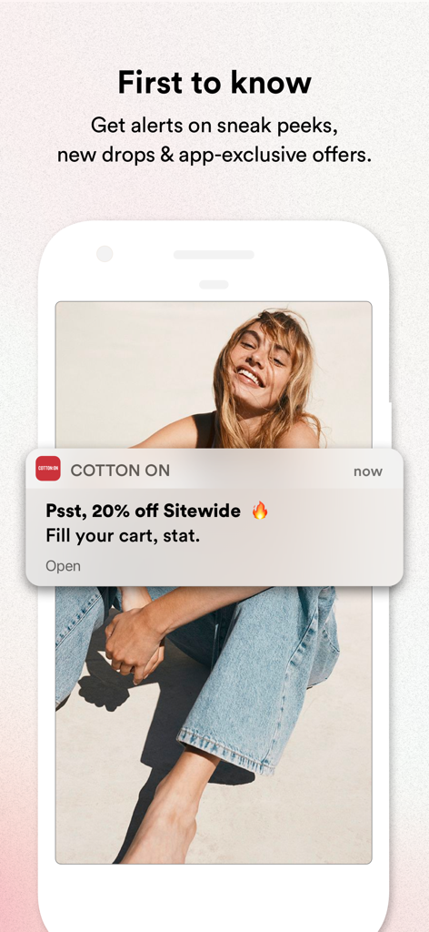 Cotton On - A smartphone screen displaying a Cotton On app notification for a 20 percent off sitewide sale