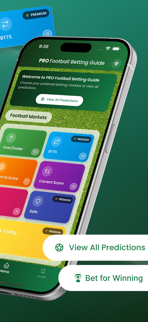 PRO Football Betting Guide - Home screen of PRO Football Betting Guide app showcasing different football betting markets
