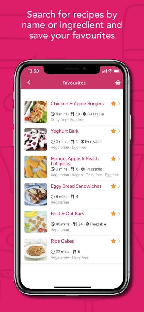 Écran des favoris de l'application Recettes DME montrant une liste de recettes avec des filtres alimentaires et des temps de préparation.