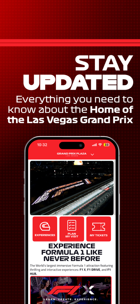 Interface do aplicativo móvel F1 Las Vegas mostrando atualizações de eventos e recursos da Grand Prix Plaza, incluindo ingressos e experiências