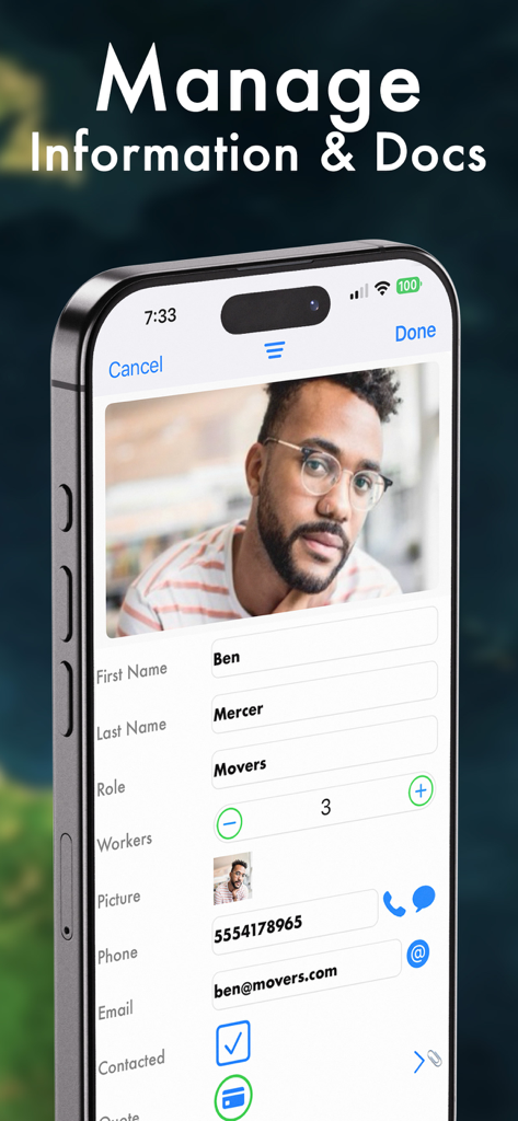 Pro Moving Planner - Pro Moving Planner app interface for managing professional mover contact information and project details