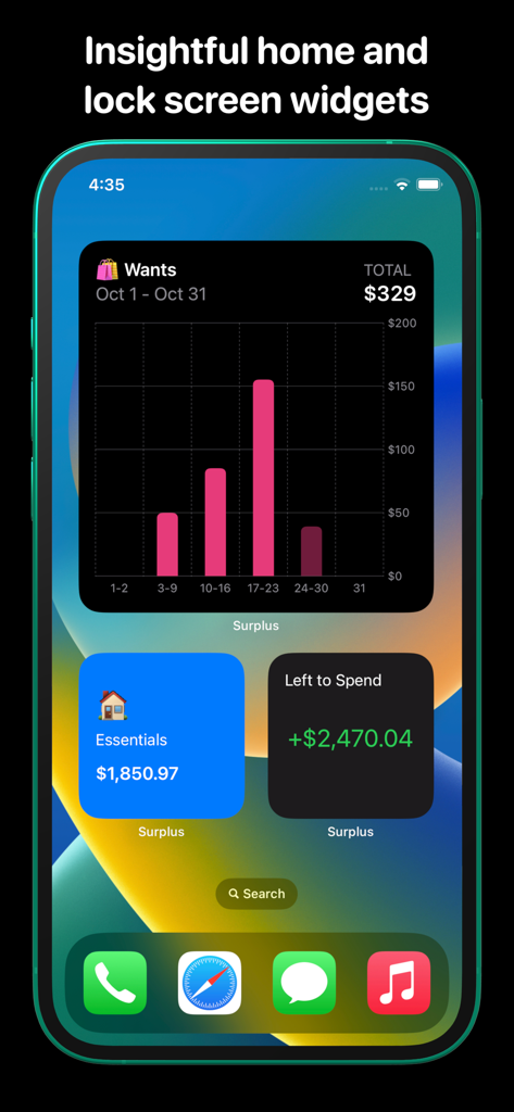 iPhone home screen showing Surplus app widgets including a spending chart for wants and the total amount left to spend.