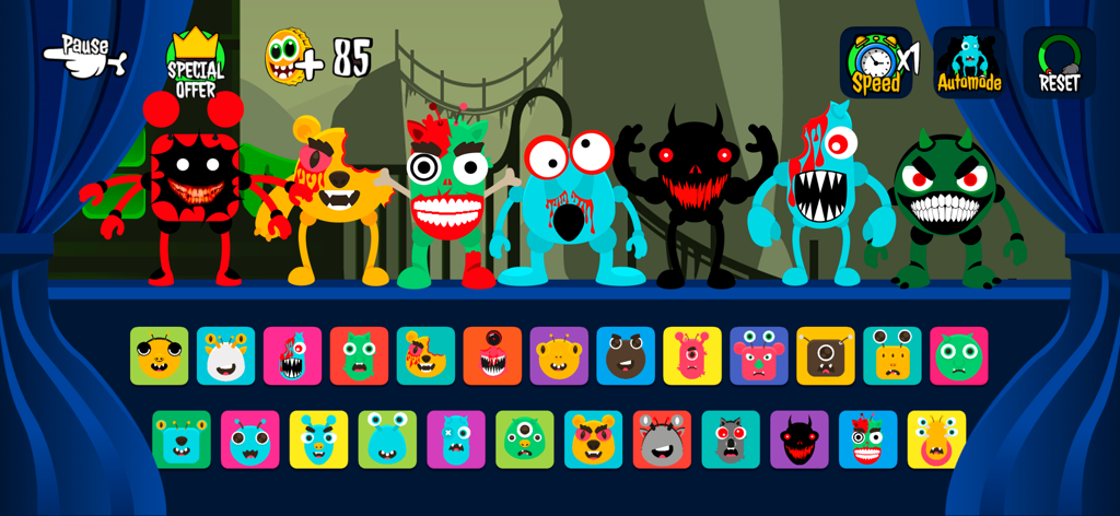 Corrupt Box Incredible Beats - Uma linha de personagens monstros corrompidos num palco musical em Corrupt Box