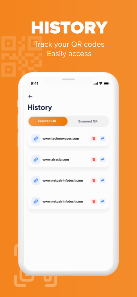 What's App -QR code scanner - Interfaz de la aplicación móvil que muestra un historial de códigos QR creados y escaneados con URL de sitios web.