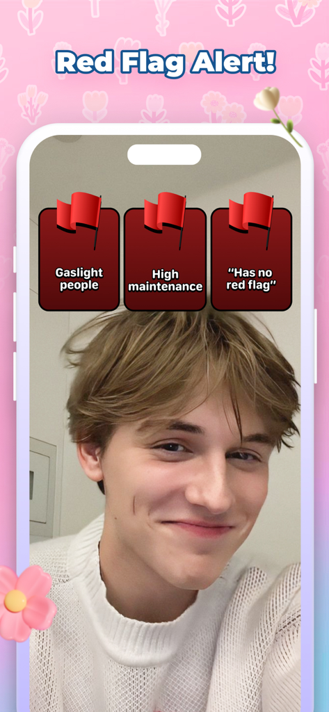 A young man using the Red Flag Alert filter in the Love Tester app with funny relationship results
